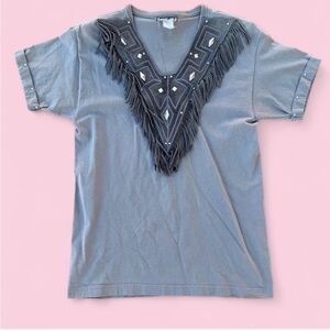 Vintage Gray Fringe T-Shirt with Geometric Design and Studded Sleeves #western